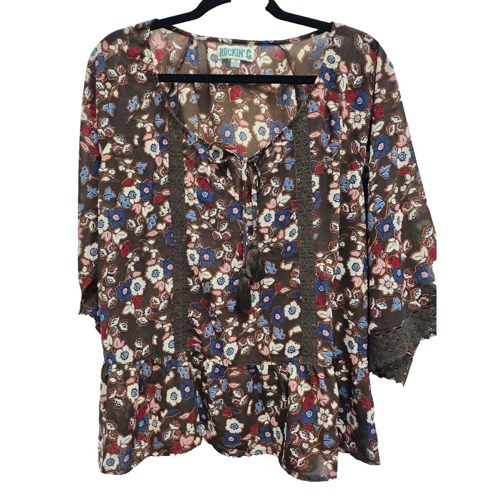Rockin' C BOHO Peasant Top Womens Medium Bronw Floral Flare Sleeve Lace Trim